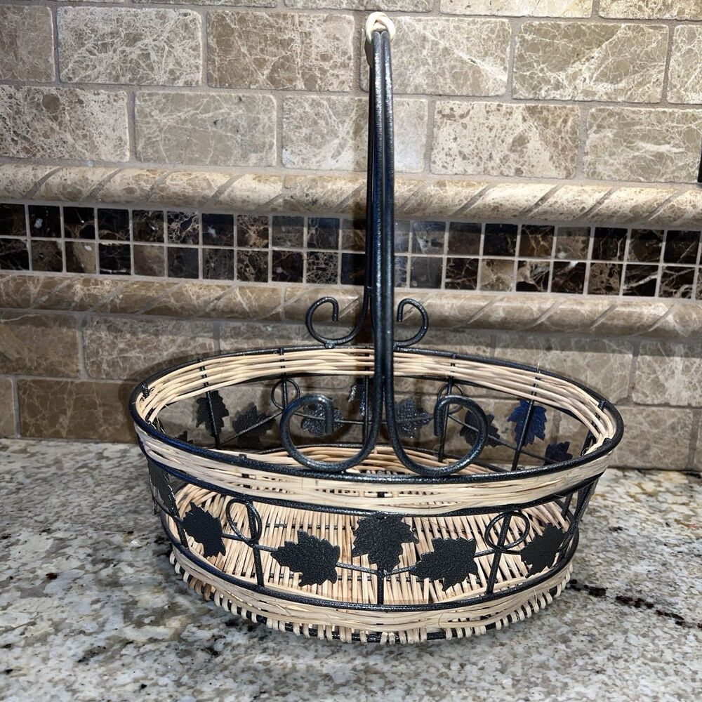 Vintage Woven Wicker Basket Twisted Wrought Iron Leaves Handle & Frame Oval